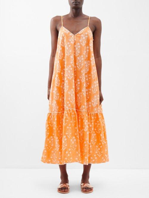 Juliet Dunn - Lace-trim Floral-print Cotton-blend Midi Dress - Womens - Apricot