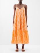 Juliet Dunn - Lace-trim Floral-print Cotton-blend Midi Dress - Womens - Apricot