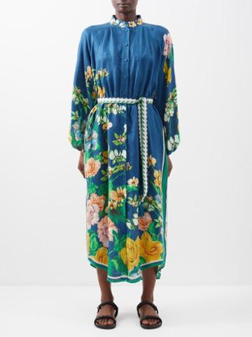 Ale Mais - Lyla Floral-print Twill Shirt Dress - Womens - Blue Print