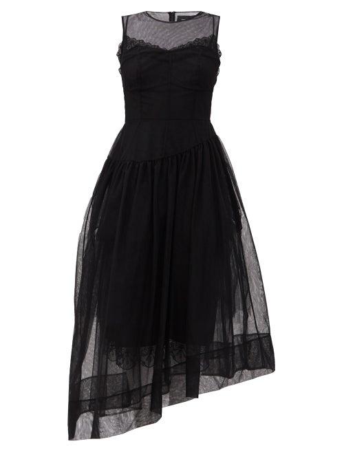 Matchesfashion.com Simone Rocha - Asymmetric Tulle Midi Dress - Womens - Black