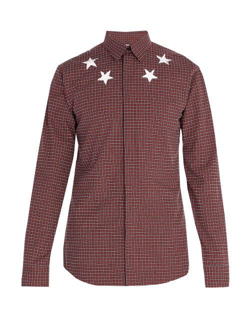 Matchesfashion.com Givenchy - Star Print Checked Cotton Shirt - Mens - Red