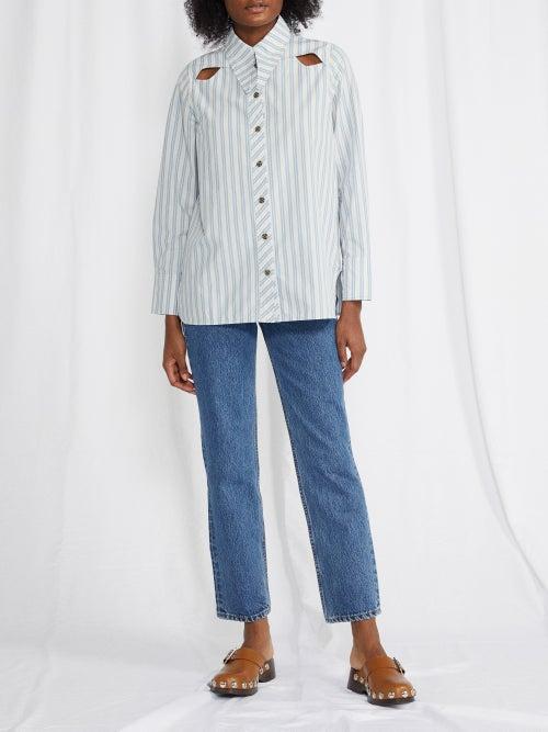 Ganni - Cutout Striped Cotton-poplin Shirt - Womens - Blue White