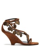 Matchesfashion.com Saint Laurent - Kim Coin Embellished Suede Wedge Sandals - Womens - Tan