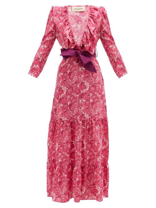 Matchesfashion.com Adriana Degreas - Ruffled V-neck Floral-print Silk Maxi Dress - Womens - Pink Print