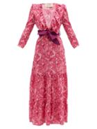 Matchesfashion.com Adriana Degreas - Ruffled V-neck Floral-print Silk Maxi Dress - Womens - Pink Print