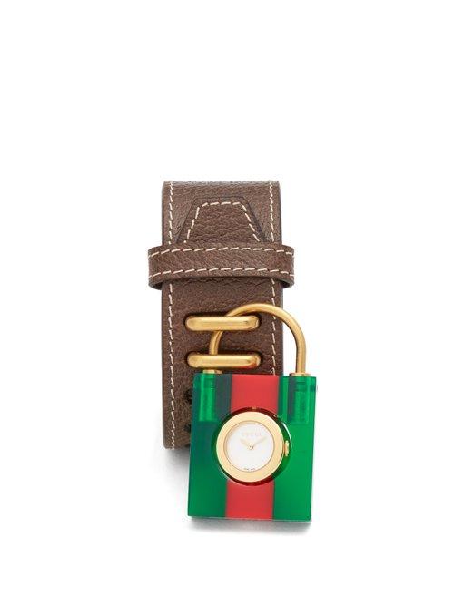Matchesfashion.com Gucci - Web Stripe Plexiglas Padlock Leather Watch - Womens - Green