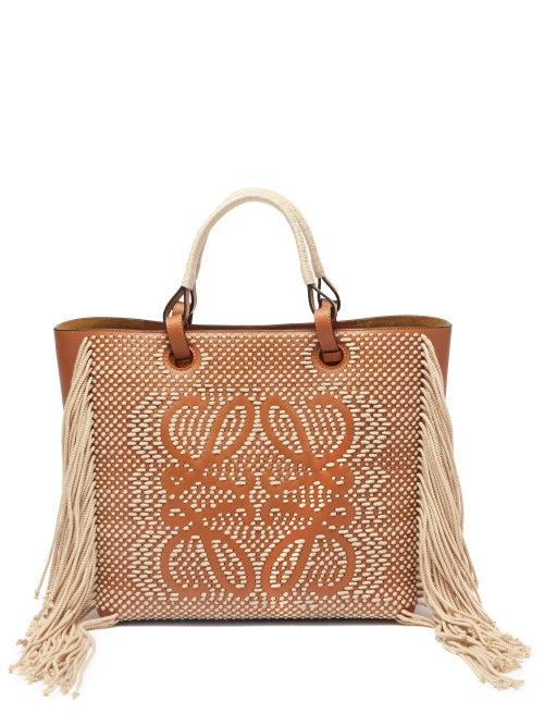 Loewe - Anagram-fringe Leather Tote Bag - Womens - Tan