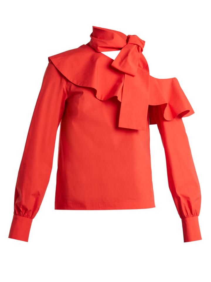 Msgm Tie-neck One-shoulder Cotton-blend Poplin Top