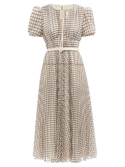 Ladies Rtw Self-portrait - Belted Checked Chiffon Midi Dress - Womens - Beige Multi