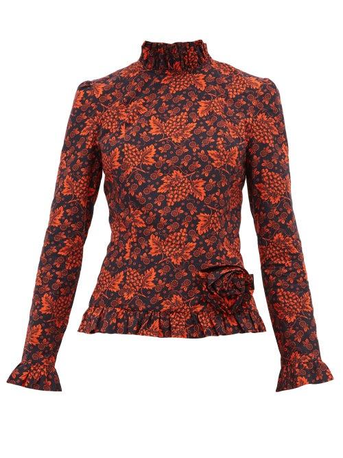 Matchesfashion.com Batsheva - Rosette Red Grape Print Cotton Top - Womens - Black Red