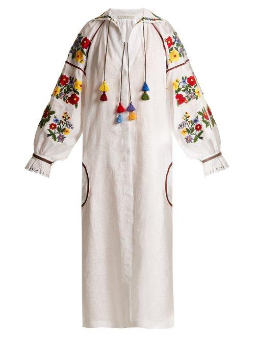 Matchesfashion.com Vita Kin - Boucl Embroidered Mid Weight Linen Dress - Womens - White Multi