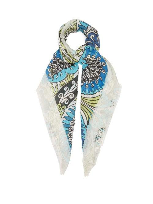 Matchesfashion.com Loewe - Floral And Anagram-print Gauze Scarf - Womens - Blue