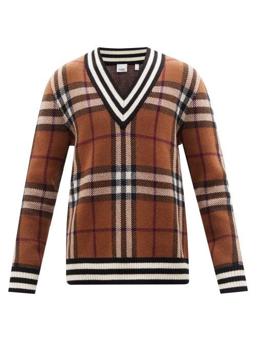Burberry - Maloney Checked V-neck Cashmere Sweater - Mens - Camel