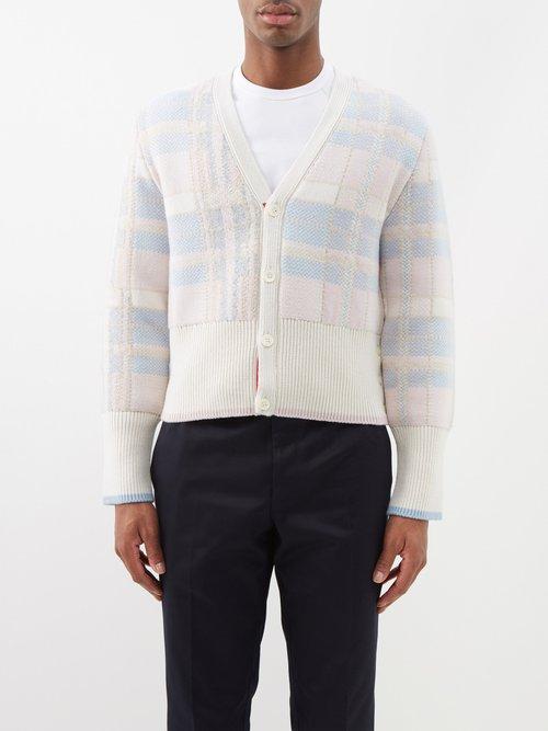 Thom Browne - V-neck Checked Cashmere Cardigan - Mens - Light Pink Multi