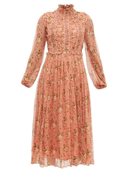 Matchesfashion.com Zimmermann - Espionage Lace Up Silk Chiffon Dress - Womens - Red Print