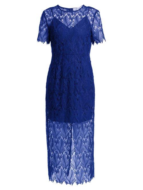 Matchesfashion.com Diane Von Furstenberg - Leaf And Floral Macram Lace Pencil Dress - Womens - Blue
