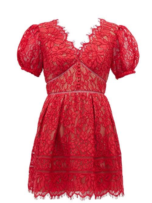 Matchesfashion.com Self-portrait - Puff-sleeve Guipure-lace Mini Dress - Womens - Red