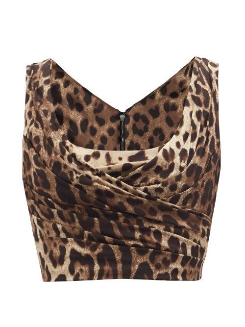 Dolce & Gabbana - Draped Leopard-print Silk-blend Satin Cropped Top - Womens - Brown