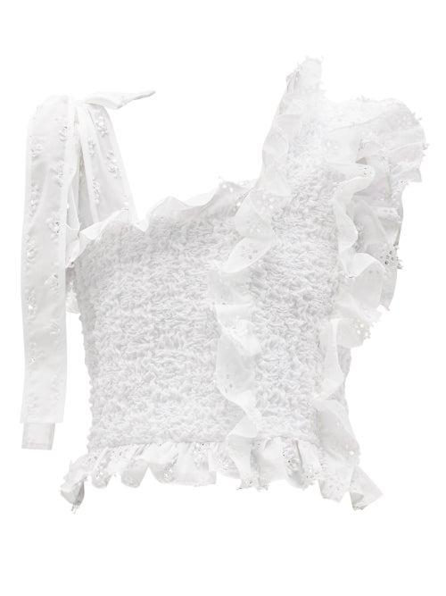 Matchesfashion.com Cecilie Bahnsen - Michaela Shirred Broderie-angaise Cotton-blend Top - Womens - White