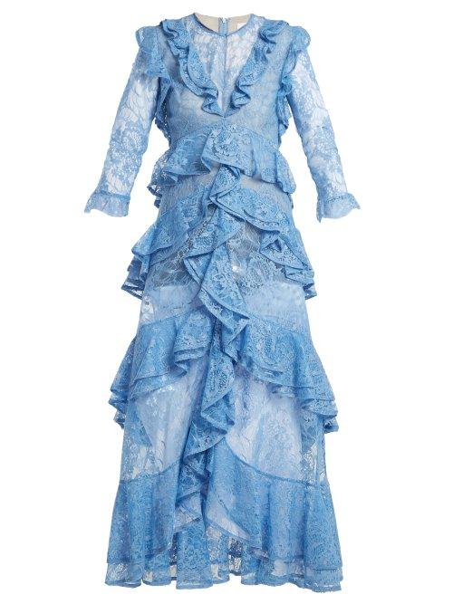 Matchesfashion.com Erdem - Koral Ruffle Trimmed Lace Dress - Womens - Blue