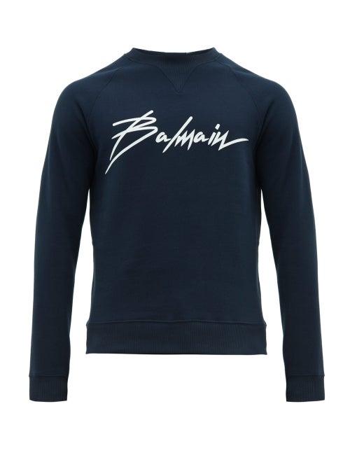 Matchesfashion.com Balmain - Logo Print Cotton Sweatshirt - Mens - Navy