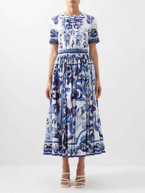 Dolce & Gabbana - Round-neck Majolica-print Cotton Dress - Womens - Blue White
