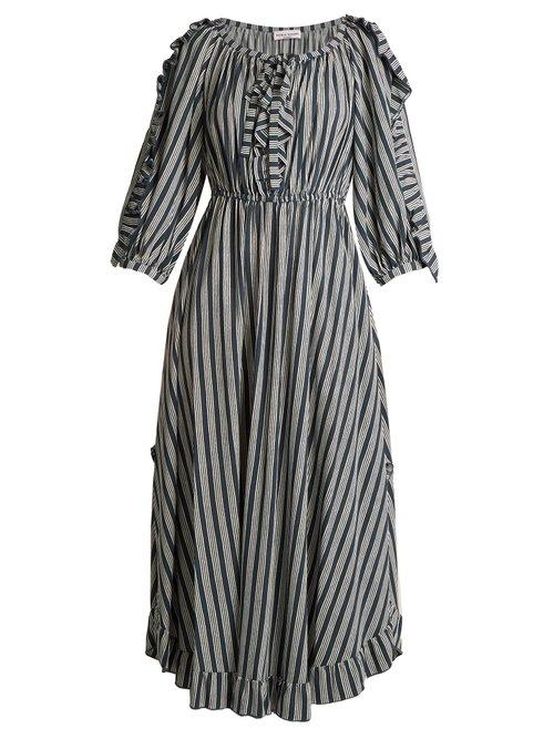 Matchesfashion.com Sonia Rykiel - Striped Ruffle Trimmed Crepe Midi Dress - Womens - Blue Stripe