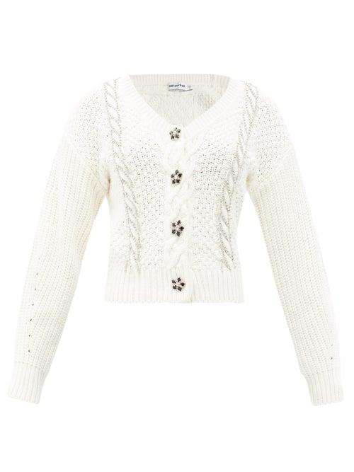 Matchesfashion.com Self-portrait - Crystal-button Cable-knit Cotton-blend Cardigan - Womens - Ivory