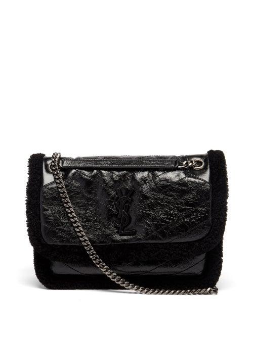 Saint Laurent - Niki Shearling-trim Crinkled-leather Shoulder Bag - Womens - Black