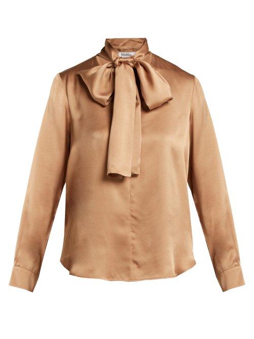 Matchesfashion.com Max Mara - Lignano Pussy Bow Silk Satin Blouse - Womens - Camel