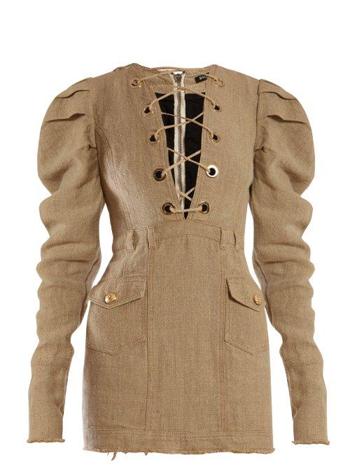 Matchesfashion.com Balmain - Lace Up Canvas Mini Dress - Womens - Beige