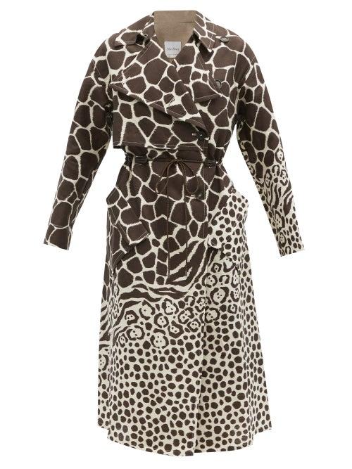 Matchesfashion.com Salvatore Ferragamo - Drawcord Giraffe-print Linen Trench Coat - Womens - Animal
