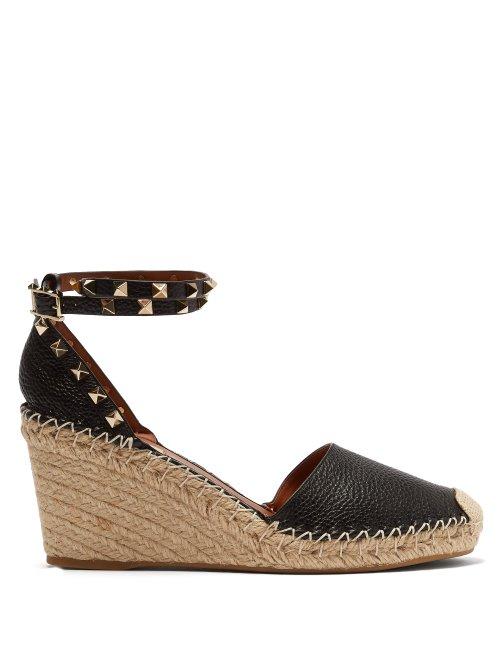 Matchesfashion.com Valentino - Rockstud Leather Wedge Espadrilles - Womens - Black