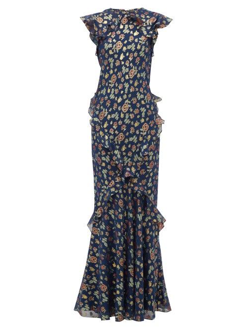 Matchesfashion.com Saloni - Tamara Floral Jacquard Silk Blend Maxi Dress - Womens - Navy Multi