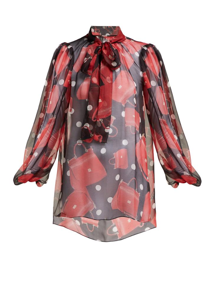 Dolce & Gabbana Sicily Handbag-print Tie-neck Silk Blouse