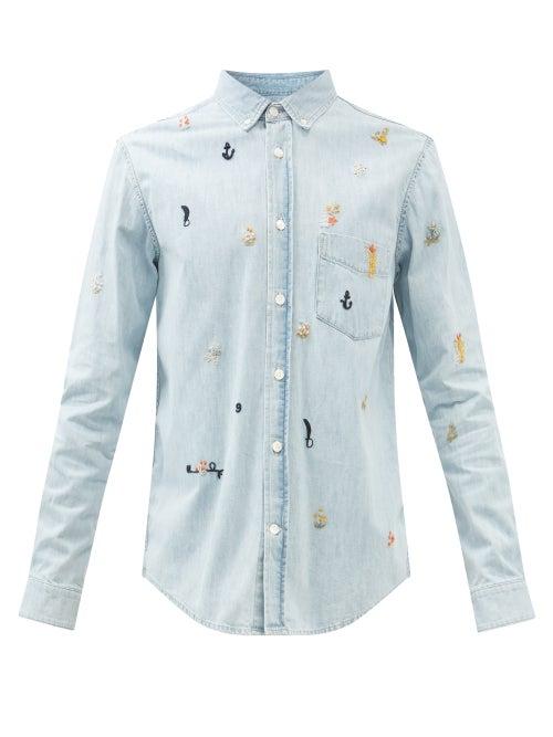 Nick Fouquet - Ulmann Cactus-embroidered Denim Shirt - Mens - Light Blue