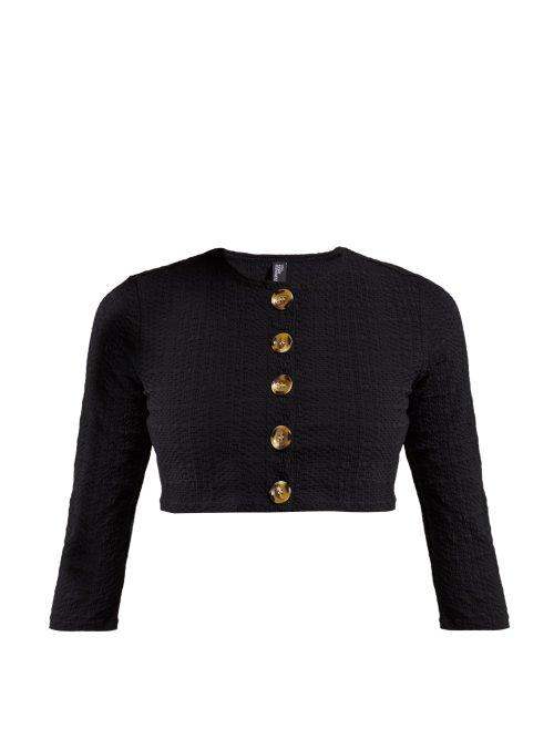 Matchesfashion.com Lisa Marie Fernandez - Cropped Sleeve Seersucker Cardigan - Womens - Black