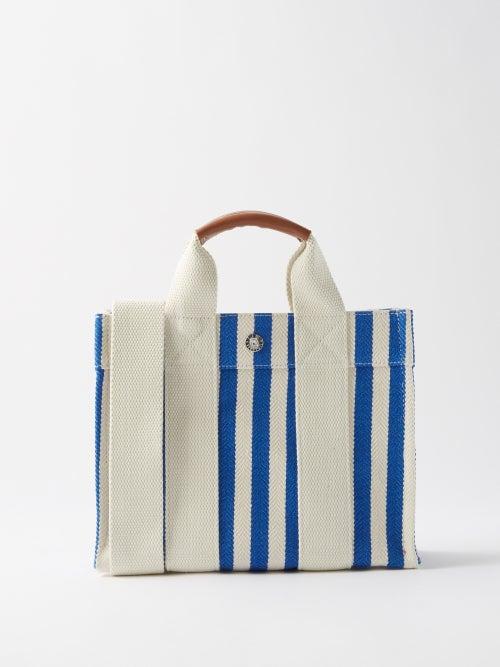 Rue De Verneuil - Tote Xs Striped Canvas And Leather Tote Bag - Womens - Blue Multi