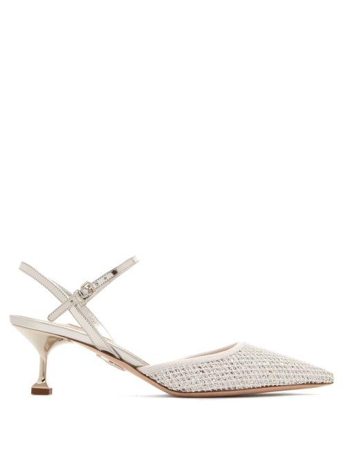 Matchesfashion.com Miu Miu - Mesh Covered Glittered Slingback Pumps - Womens - White Silver