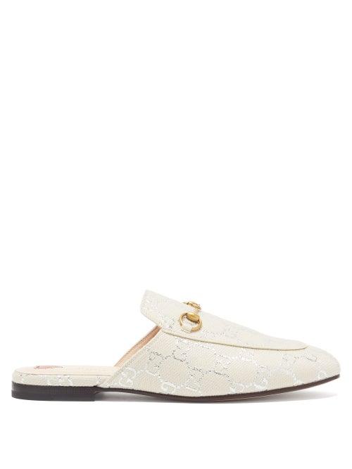 Matchesfashion.com Gucci - Princetown Logo-jacquard Canvas Backless Loafers - Womens - White Silver