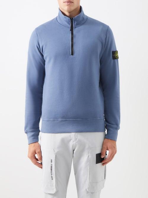 Stone Island - Logo-patch Quarter-zip Cotton-jersey Sweatshirt - Mens - Dark Blue