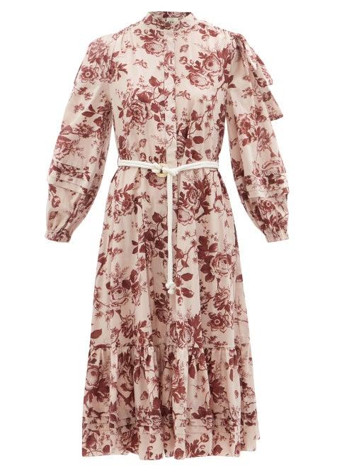 Ale Mais - Heather Floral-print Organic-cotton Voile Dress - Womens - Burgundy Print