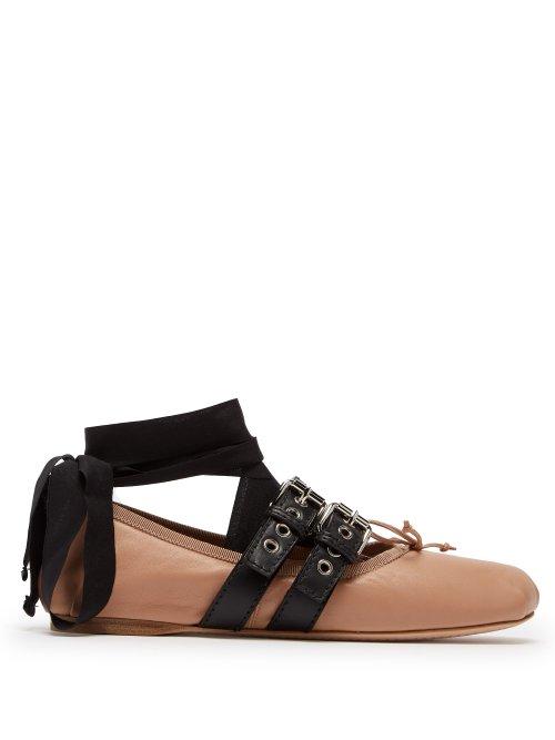 Matchesfashion.com Miu Miu - Buckle Fastening Leather Ballet Flats - Womens - Nude