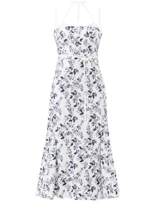 Erdem - Otto Floral-embroidered Linen Midi Dress - Womens - Blue White