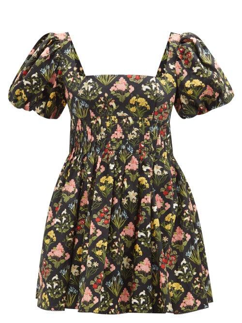 Agua By Agua Bendita - Caramelo Puff-sleeve Printed Cotton Mini Dress - Womens - Black Multi