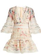 Matchesfashion.com Zimmermann - Laelia Diamond Flutter Floral Print Cotton Dress - Womens - Cream Multi