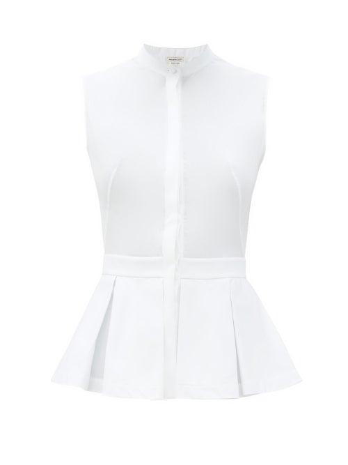 Matchesfashion.com Alexander Mcqueen - Pleated Peplum-hem Cotton-poplin Top - Womens - White