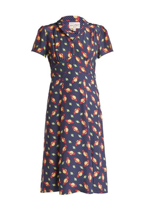 Matchesfashion.com Hvn - Morgan Planet Print Silk Dress - Womens - Navy Print