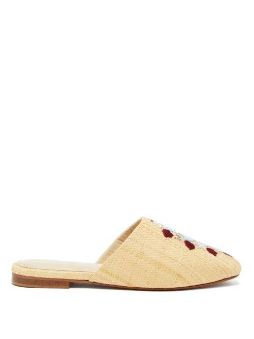 Matchesfashion.com Zyne - Bead And Floral-embroidered Raffia Babouche Mules - Womens - Blue