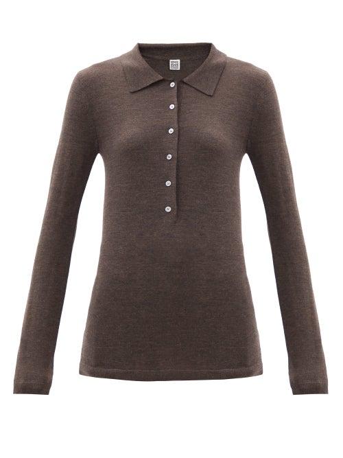Matchesfashion.com Totme - Millana Long-sleeved Wool Polo Shirt - Womens - Dark Brown